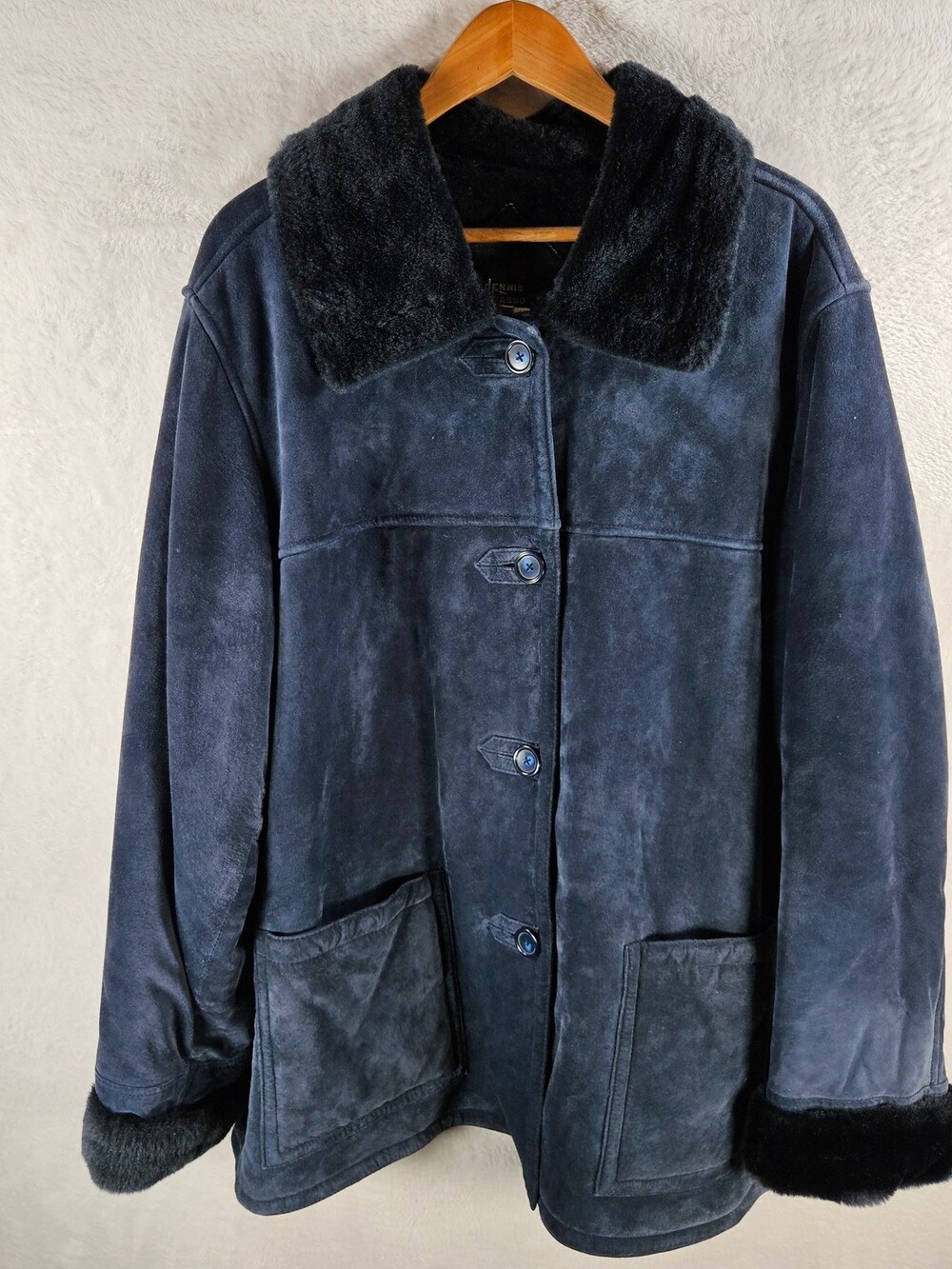 Dennis Basso Leather Jacket Faux Fur Trim Navy Women's Size 1X